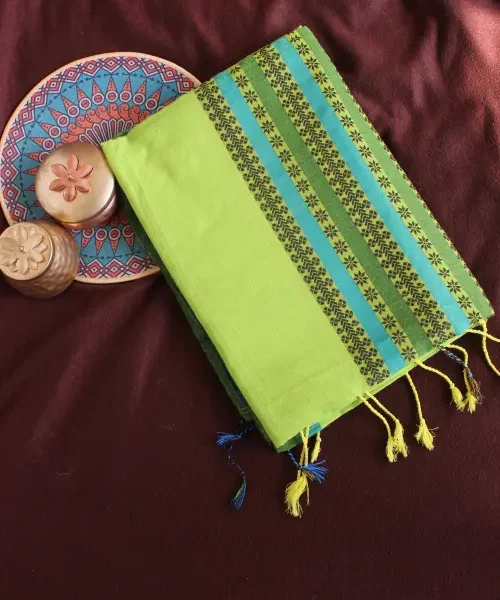Green Khadi saree with blue and green border