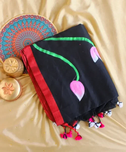 Black Khadi saree with red border and lotus painting