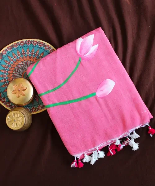 Pink Khadi saree with lotus painting