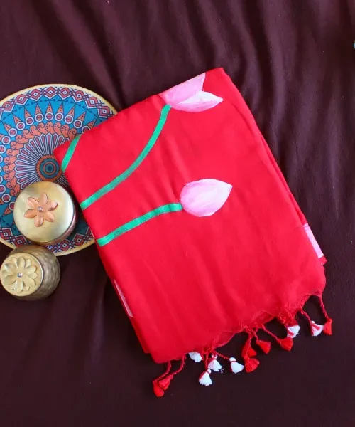 Red Khadi saree with lotus painting