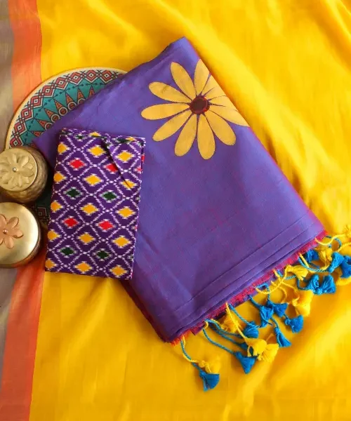 Purple dual tone khadi saree wieth hand painted motif