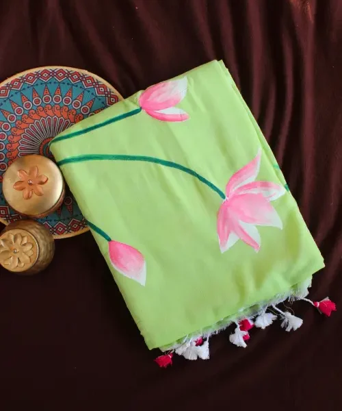 Light green Khadi saree with lotus painting