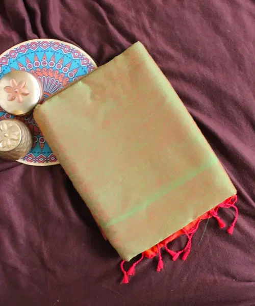 Green Khadi saree with peach pallu