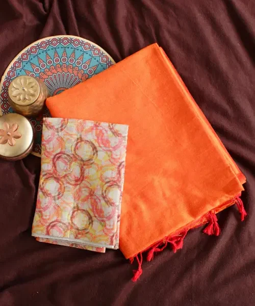 Orange khadi saree with tissue pallu