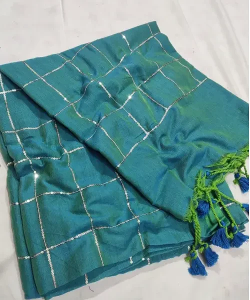Teal blue Khadi saree with sequins