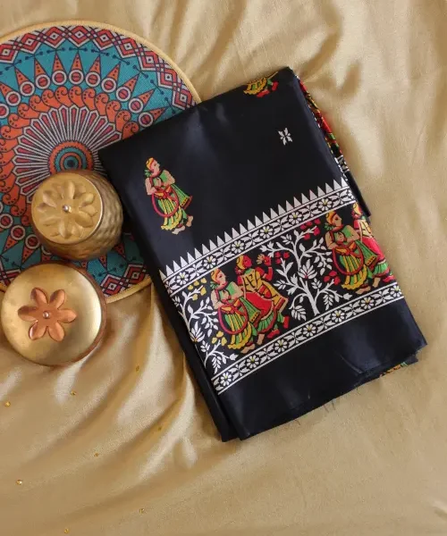 Black printed silk replica saree with Bishnupuri work