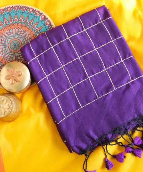 Purplish blue dual tone Khadi saree with sequins