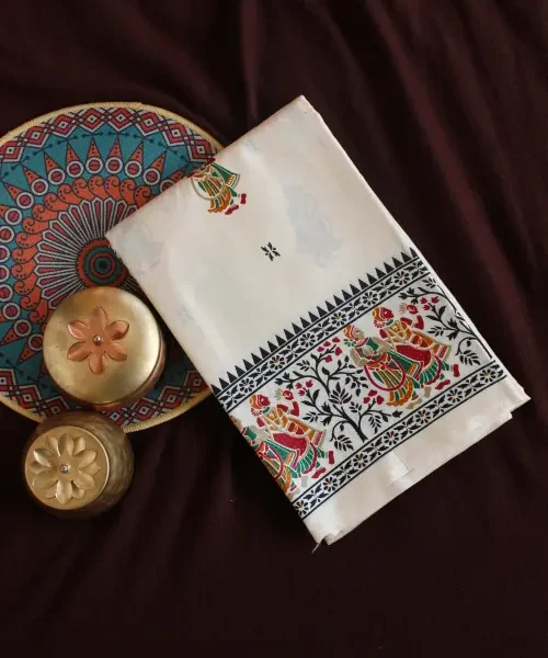 Cream printed silk replica saree with Bishnupuri work