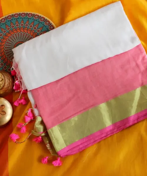 Pink and white light weight Khadi saree