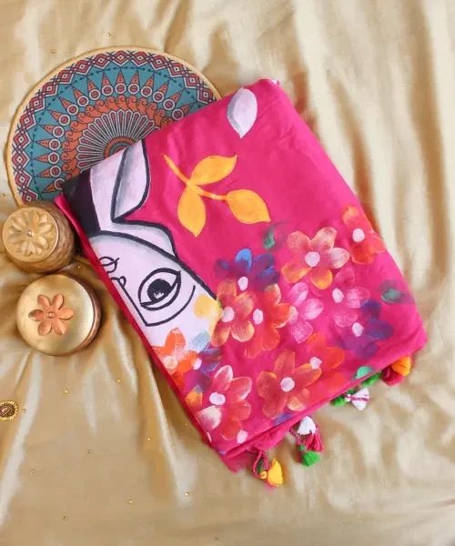 Pink Khadi saree with face painting