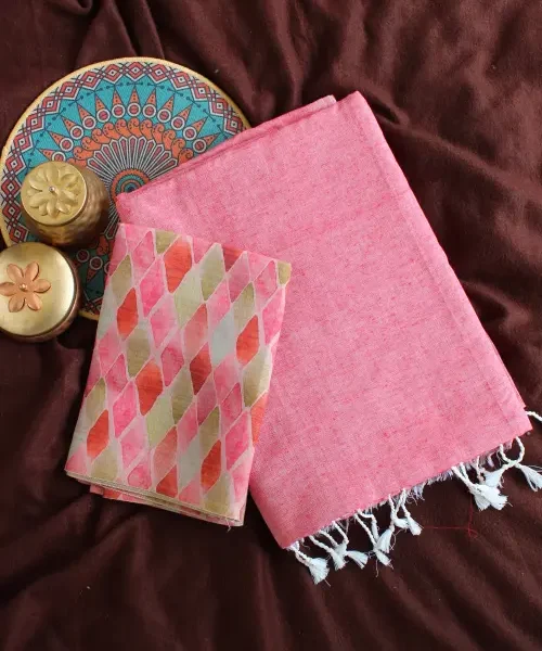 Pink  peach and  silver  combined khadi saree