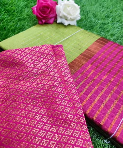 Retta pett saree - Light green with pink border and blouse