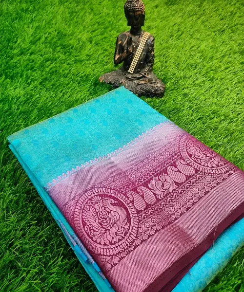 Brasso sarees - Light blue with maroon border