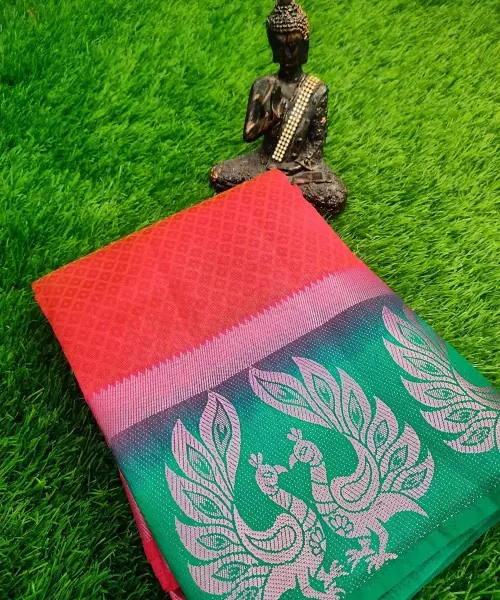 Brasso sarees - Peachy red with green border