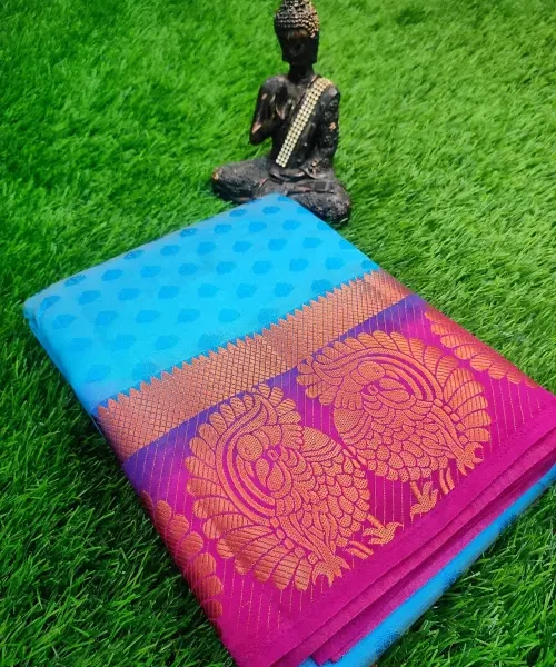 Brasso sarees - Light blue with pink border