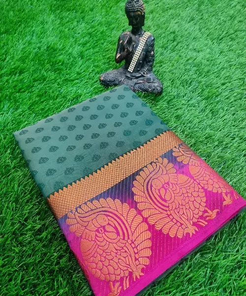 Brasso saree - bottle green with pink border