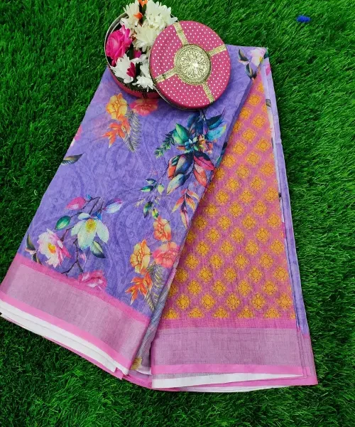 Linen saree - Light purple with pink border and contrast blouse