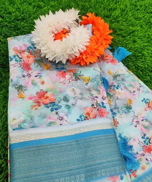 Linen saree - Light blue with floral pattern