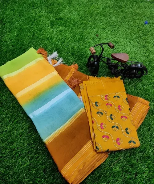Multicolour georgette saree with mustard blouse