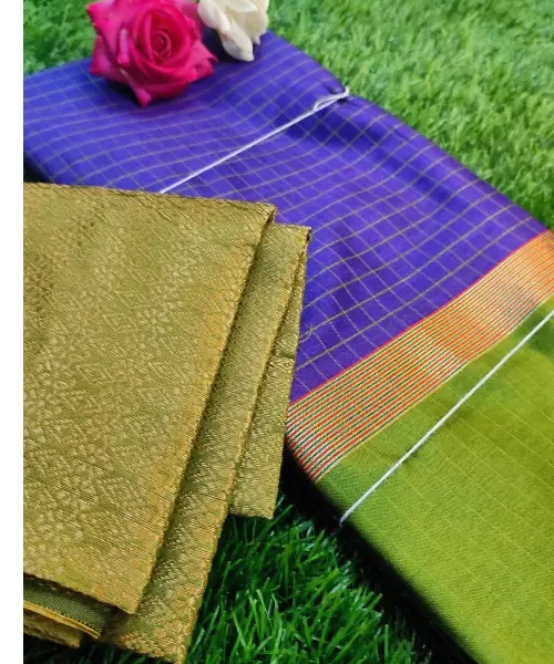 Retta pett saree - Dark blue with mehandi green border and blouse