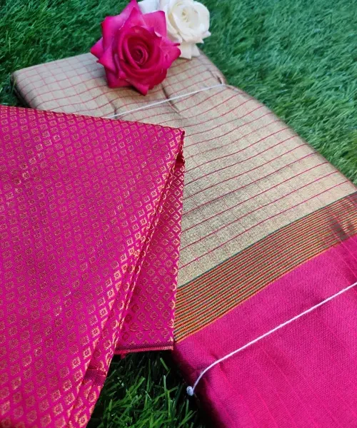 Retta pett saree - Cream colour with pink border and blouse